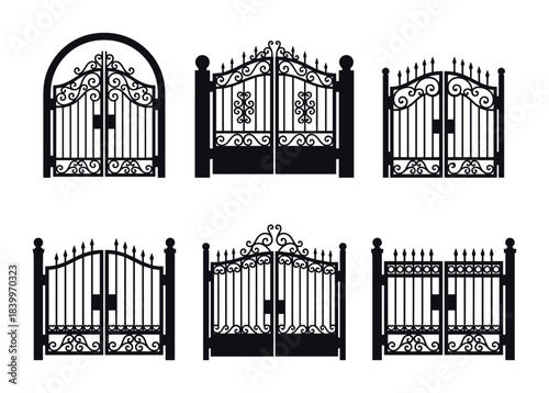 Decorative metal gates collection. Classic wrought iron fence designs. Ornate home entrance security vector.
