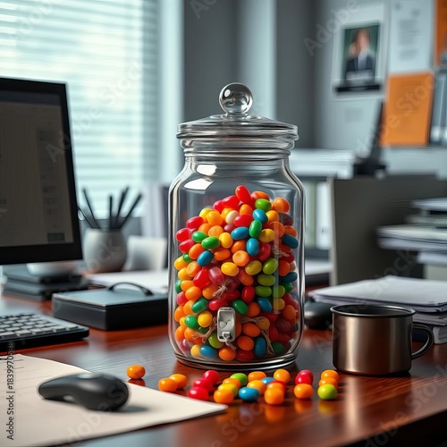 Office desk with open candy jar, symbolizing unhealthy workplace eating,  eating,  desk