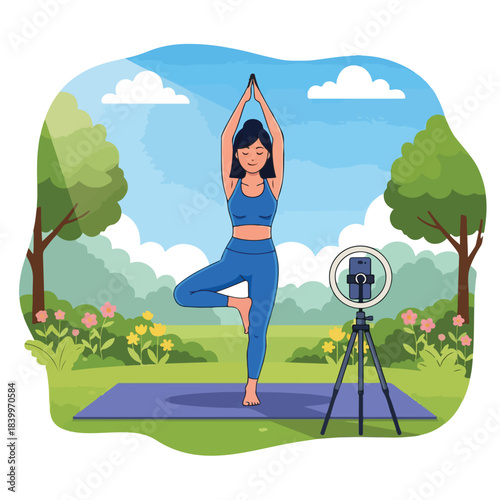 A woman in blue workout attire practices yoga on a purple mat in a serene park with a smartphone on a tripod recording her, surrounded by trees and flowers under a blue sky.