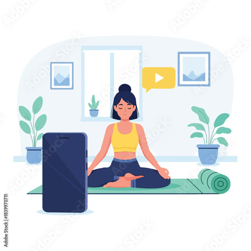 Illustration of a woman sitting in lotus position on a yoga mat watching a video on her phone in a serene home environment with plants and framed pictures.