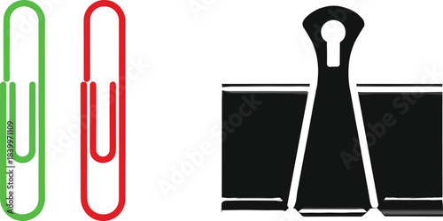 Vector illustration of colorful paper clips and a black binder clip, representing office supplies, stationery tools, organization items, and workplace essentials in a simple graphic style