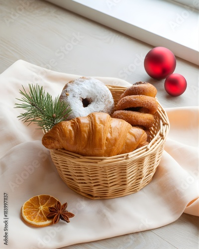 Holiday Pastry Basket with Croissant, Doughnut, Red Baubles and Natural Elements 