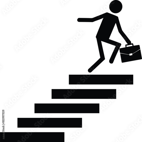 Silhouette illustration of a person stumbling or falling down stairs while holding a briefcase, symbolizing danger, accident, risk, workplace hazards, and caution in vector style