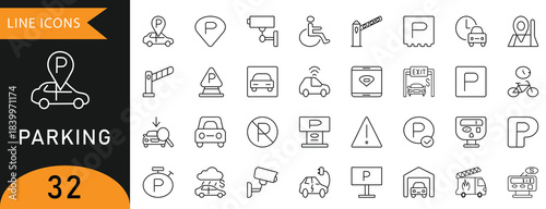 Minimal editable parking icon set. Featuring clear signs, direction symbols, vehicle control, monitoring, navigation, and facility illustrations for modern projects.
