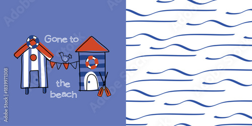 Nautical Kids Print with Waves and Beach Huts.ai