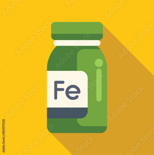 Green bottle displaying the chemical symbol fe for nutritional supplement