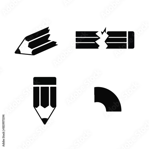 Four black pencil icons in different styles on a white background with a simple graphic design.