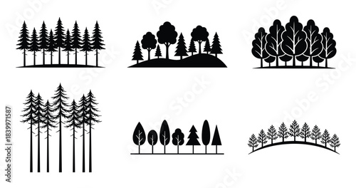 Diverse forest and tree silhouettes. Natural landscape icons. Woodland scene vector elements.