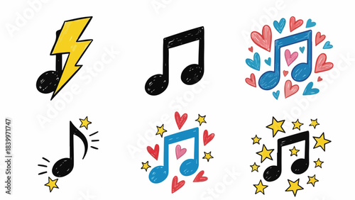 Collection of colorful music notes and symbols on a white background with creative designs and patterns.