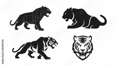 Four black and white tiger silhouettes in various poses on a plain white background with a graphic design style.