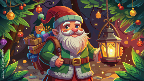 Charming Christmas figurine of a Santa gnome holding a glowing lantern and carrying a backpack, captured in a cozy festive scene