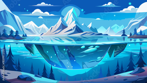 Stunning half-underwater winter landscape showing a frozen snowy world above the surface and a calm, crystal-clear underwater scene below, blending cold seasonal beauty with serene aquatic depth