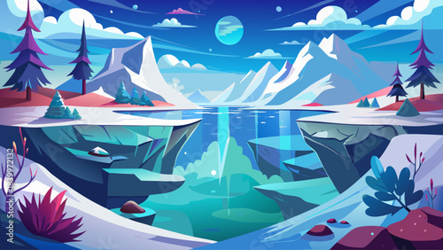 Magical split-view winter scenery capturing icy snow-covered terrain above and a peaceful underwater world beneath, creating a dramatic contrast between frosty air and quiet aquatic life