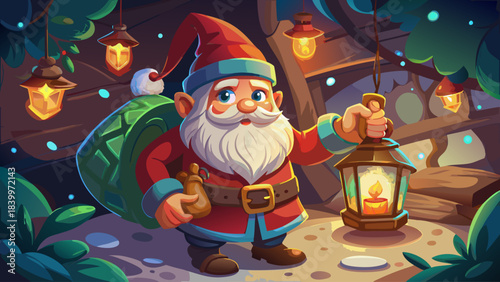 Charming Christmas figurine of a Santa gnome holding a glowing lantern and carrying a backpack, captured in a cozy festive scene