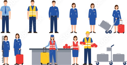 Airport staff and baggage handling workers illustrated in flat style featuring check-in agents, ground crew, luggage carts and suitcases