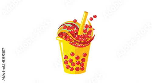 Illustration of a yellow cup filled with red boba pearls and a straw, representing a refreshing bubble tea drink.