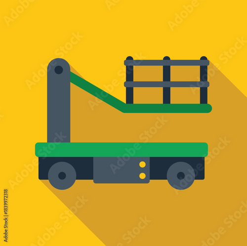 Cherry picker operating lift platform with a flat design style and long shadow