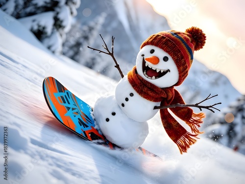 Inverno e neve: pazzo pupazzo di neve che fa snowboard