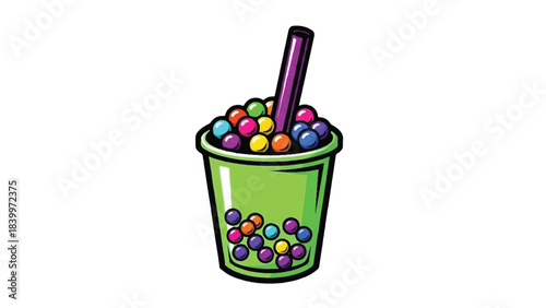 Illustration of a green cup filled with colorful boba pearls and a purple straw, isolated on a white background.