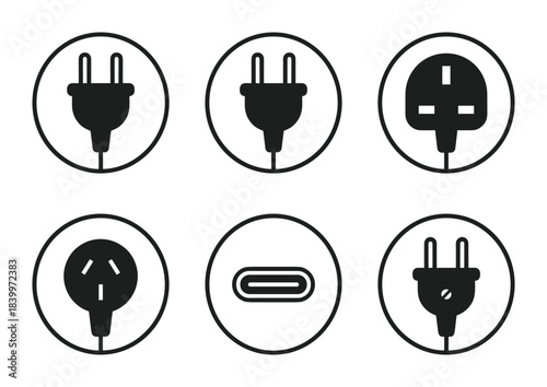 Electrical plug icons set within circles. Type C plug, international power cord types. Electrical outlet collection.