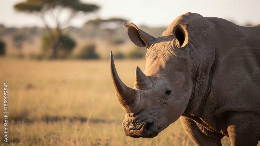 Fototapeta premium Majestic White Rhinoceros in African Savanna at Sunset