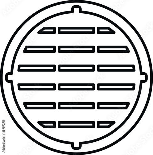 Round metal manhole cover providing access to underground utilities, styled as a flat line art icon