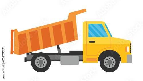 Yellow Dump Truck With Orange Bed Tilted Upwards For Unloading Cargo Against A Black Background