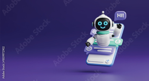 A 3d chatbot emerging from smartphone screen representing ai customer service and mobile application interaction on deep blue background