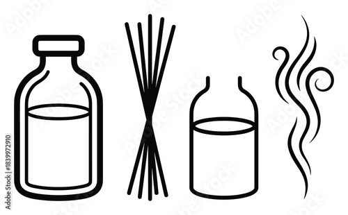Essential oil bottles diffuser reeds wafting scent. Aromatherapy set. Black and white vector illustration.