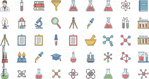 Collection of colorful science laboratory vector icons featuring chemistry equipment, molecules, microscopes, experiments, test tubes, and research tools