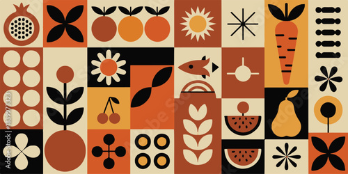 fruit seamless pattern retro color blocks with nature motifs
