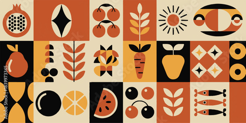 fruit mosaic square panels stylized food icons for packaging