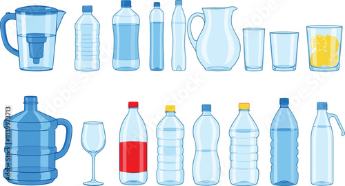 Collection of plastic water bottles, glass pitchers, drinking glasses, jugs, and beverage containers in clean hydration vector illustrations