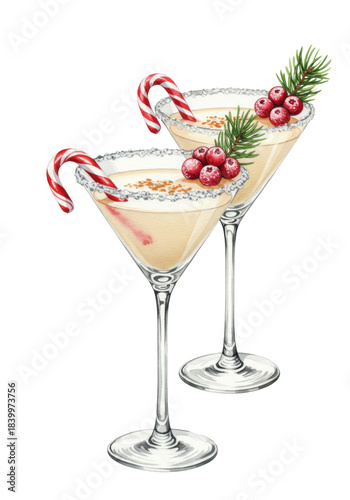 two identical elegant watercolor martini glasses with creamy christmas eggnog cocktails, sugar rim, candy cane, and frosted cranberries on white background. concept for holiday beverage advertising