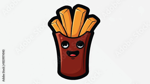 Cartoon french fries in a red container with a happy face.