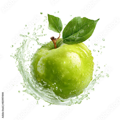 Vibrant Green Glossy Apple with Stem, Healthy and Fresh Fruit for Diet and Nutrition Concept