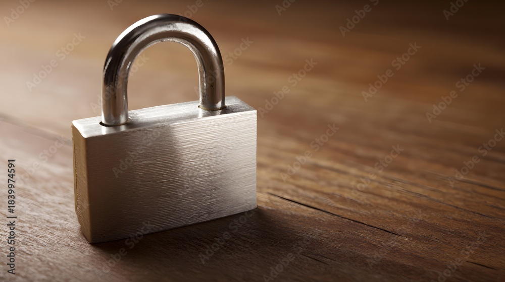 Fototapeta premium Metal padlock on wood, representing security and trust in a close-up view.