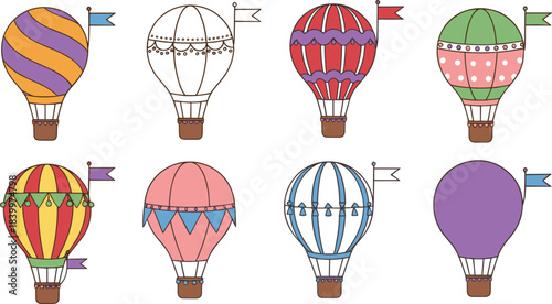 Colorful decorative hot air balloon vector set featuring whimsical patterns, flags, stripes, polka dots and festive designs