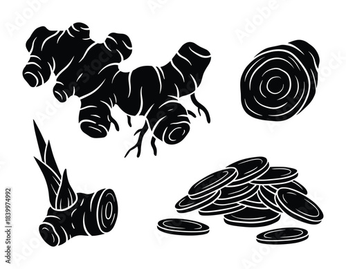 Fresh ginger roots and sliced pieces. Culinary medicinal ingredient spice food plant.