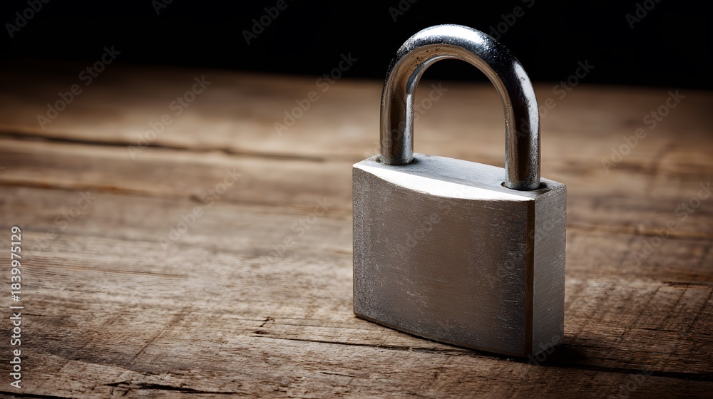 Fototapeta premium Metal padlock on wood, representing security and trust in a close-up view.