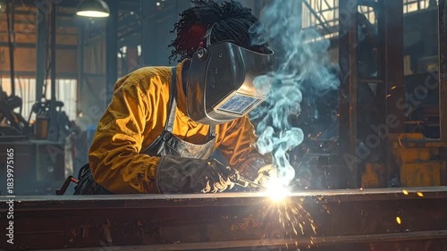Skilled Welder Working in Industrial Workshop, Sparks Flying