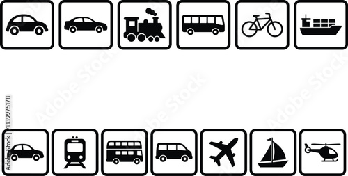 Transportation icon set, vehicle silhouette collection, car train bus boat airplane helicopter, mobility symbol grid, black and white framed icons