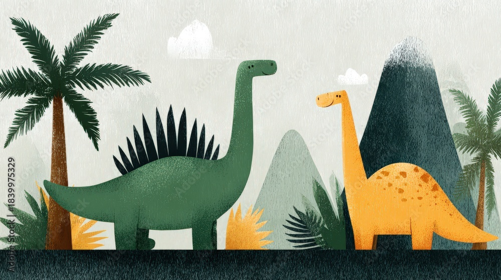 Obraz premium Two charming, stylized long-necked reptiles inhabit a prehistoric landscape with foliage and mountains