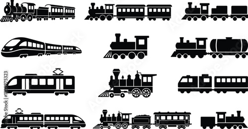 Train silhouette icon set, steam engine vector, modern electric railway graphic, vintage locomotive illustration, transport symbol artwork, black design