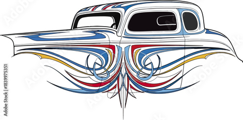 Classic car illustration with abstract ornamentation and dynamic lines