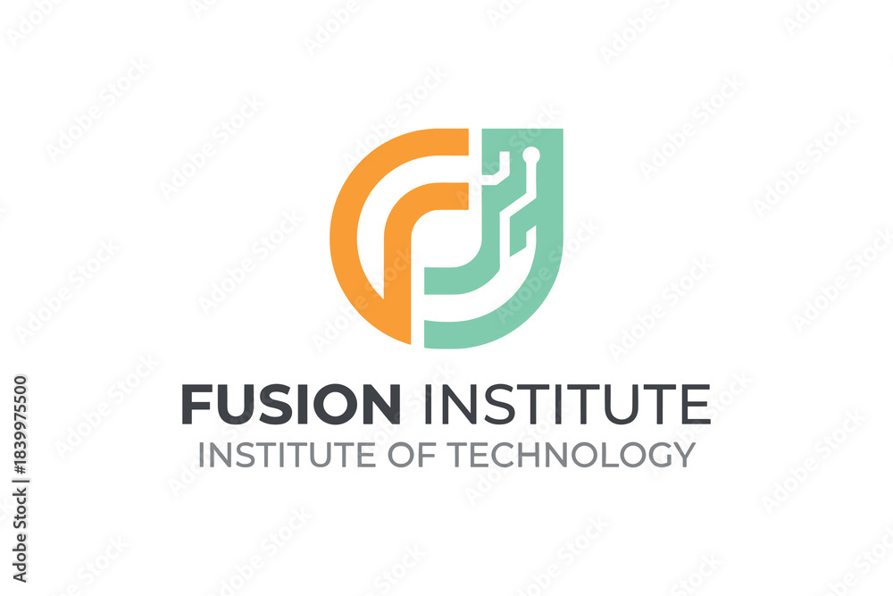 Fototapeta premium Fusion institute logo. Technology symbol with F letter. Modern circuit board design.
