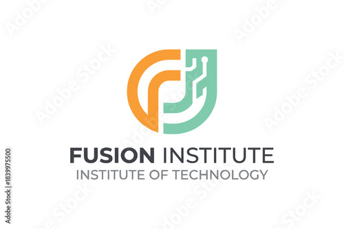 Fusion institute logo. Technology symbol with F letter. Modern circuit board design.