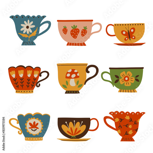 Vector set of vintage tea cups with folk art motifs, flowers, berries, butterflies and mushrooms. Colorful retro kitchenware illustration ideal for decor, stickers, cards, crafts, home design projects
