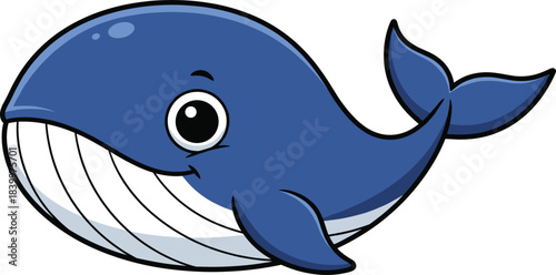 Cute cartoon whale illustration featuring smiling blue whale character with simple ocean animal design in playful vector style