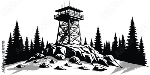 Fire lookout tower silhouette vector, forest scene, conifer trees, rocky hill, observation deck, black illustration, nature icon, wilderness design